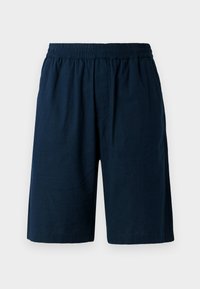 Shorts bleu marine en tissu léger, dotés d'une taille élastique et d'une coupe décontractée, avec deux poches latérales.