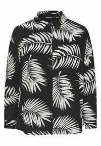 Camisa negra de botones con un patrón de hojas tropicales en blanco. Mangas largas y un cuello clásico con un diseño de corte relajado.