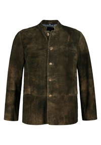 Chaqueta de ante marrón oscuro con cuello alzado, cinco botones, bolsillo en el pecho y dos bolsillos frontales. Superficie texturada con un acabado suave.