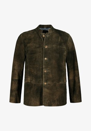 Dunkelbraune Wildlederjacke mit Stehkragen, fünf Knöpfen, einer Brusttasche und zwei Fronttaschen. Strukturiert Oberfläche mit weicher Haptik.