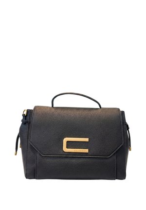 Schwarze, strukturierte Lederhandtasche mit Tragegriff und goldfarbenem rechteckigem Verschluss auf der Vorderklappe.
