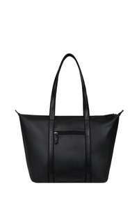 Czarna torba na ramię wykonana z teksturowanego materiału syntetycznego. Posiada dwa długie uchwyty, przednią kieszeń na zamek oraz przestronną wnętrze.