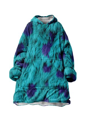 Hætte sweatshirt lavet af blødt, plyssede stof, med et mønster i teal og lilla, der ligner pels. Inkluderer en stor forlomme og ribbede manchetter.