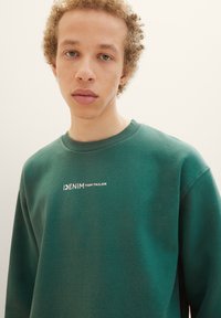 Zelená mikina vyrobená z mäkkej látky, s rebrovaným golierom a nápisom "DENIM TOM TAILOR" v bielej farbe. Jednoduchý dizajn s voľným strihom.
