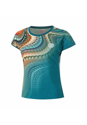 Damen-Sportshirt mit kurzen Ärmeln und Rundhalsausschnitt, mit wirbelndem blauem, orangefarbenem und grünem Digitalmuster und kleinem weißem Logo auf der Brust.