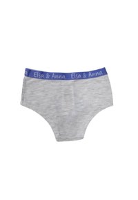 Mutande di cotone grigie con un elastico blu su cui è stampato il testo "Elsa & Anna". Il design è semplice, con una forma classica da slip.