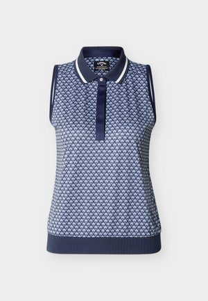 Tmavě modrý polo top bez rukávů s bílým květinovým vzorem, žebrovaným límcem a lemem a přední knoflíkovou légou.