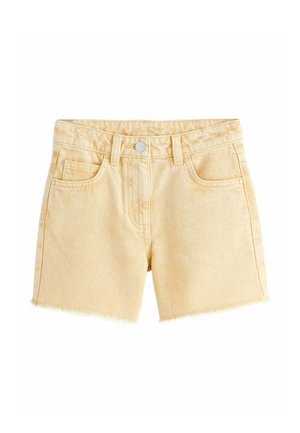Pantaloni scurți din denim galben deschis cu tivuri franjurate, bucle pentru curea, nasture frontal, fermoar și două buzunare în față.