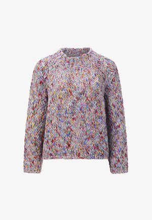 Hravý pletený sveter s okrúhlym výstrihom, vyrobený z viacfarebnej príze. Má štruktúrovaný vzor a dlhé rukávy.