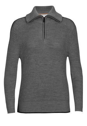 Grå langærmet strikket sweater med halv lynlås ved kraven og tekstureret vaffelmønster, med ribbede manchetter og kant.