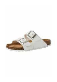 White two-strap sandals with silver buckles, cork footbed, and textured white rubber sole, designed for comfort and easy wear.