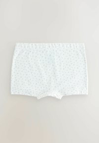 Witte katoenen shorts met een subtiel blauw bloemenpatroon, zachte textuur, elastische tailleband en ronde beenopeningen.