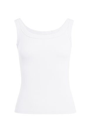 Witte mouwloze geribde tanktop met brede schouderbanden en een vierkante halslijn.