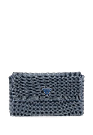 Clutch bag covered in small silver beads with a triangular Guess logo plate on the front flap, set against a white background.