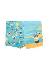 Costumi da bagno per bambini in turchese con motivi dei Minion, che presentano soli ed elementi tropicali; dettagli gialli, elastico in vita e materiale comodo.