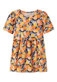 Kurzes Ärmelkleid in Dunkelblau mit Fruchtprint von Orangen und Zitronen, geraffter Taille und weichem, leichtem Stoff.