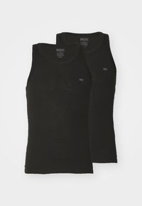 Black cotton tank tops, featuring sleeveless design, round neck, and minimal branding on the chest. Two pieces displayed side by side.