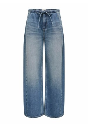 Pantalons en denim bleu clair à jambes larges avec une taille élastique et un cordon de serrage. Présente un effet dégradé usé et des coutures cousues.