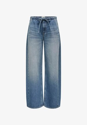 Pantalons en denim bleu clair à jambes larges avec une taille élastique et un cordon de serrage. Présente un effet dégradé usé et des coutures cousues.