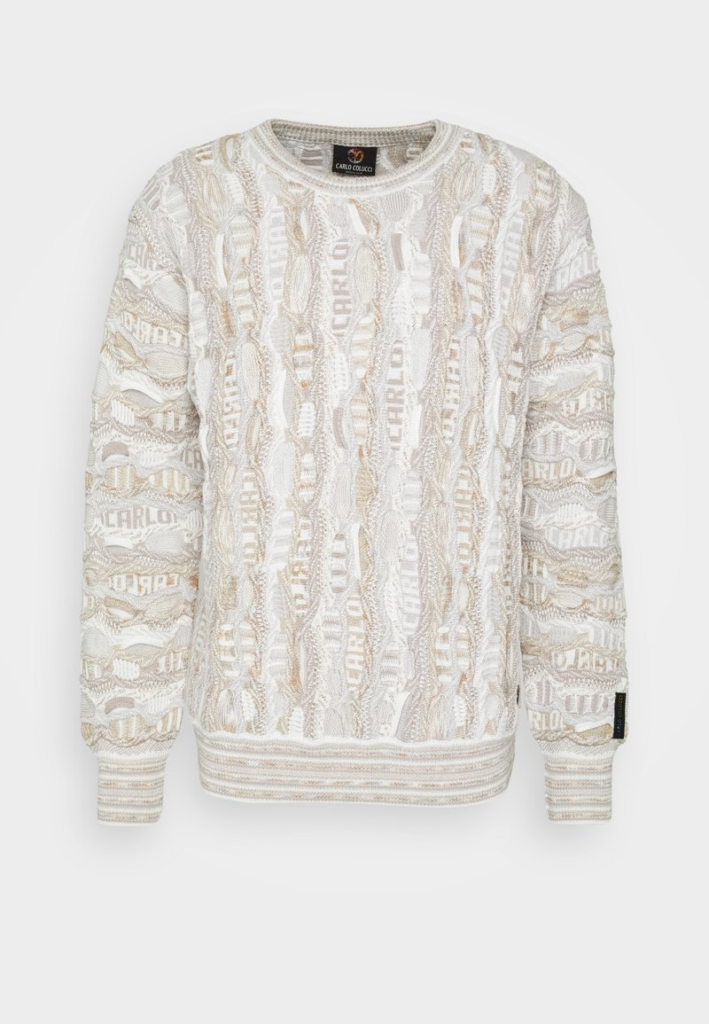 Cremefarbener Strickpullover mit strukturiertem Muster und kontrastierenden beigen Akzenten. Verfügt über einen Rundhalsausschnitt sowie gerippte Bündchen und Saum.