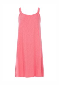 Robe corail rose sans manches avec fines bretelles spaghetti et un léger décolleté en arrondi, coupe ample et fluide, longueur au genou.