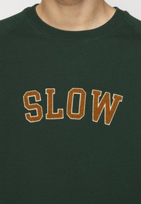 Grüner Pullover mit dem Wort "SLOW" in fetter, strukturierter brauner Schrift mit weißem Rand. Gerippter Kragen und weicher Stoff.