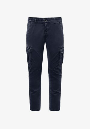Ciemnoniebieskie spodnie cargo z mieszanki bawełny. Posiadają boczne kieszenie, pas ze szlufką oraz zwężający się krój nogawek. Gładka faktura.