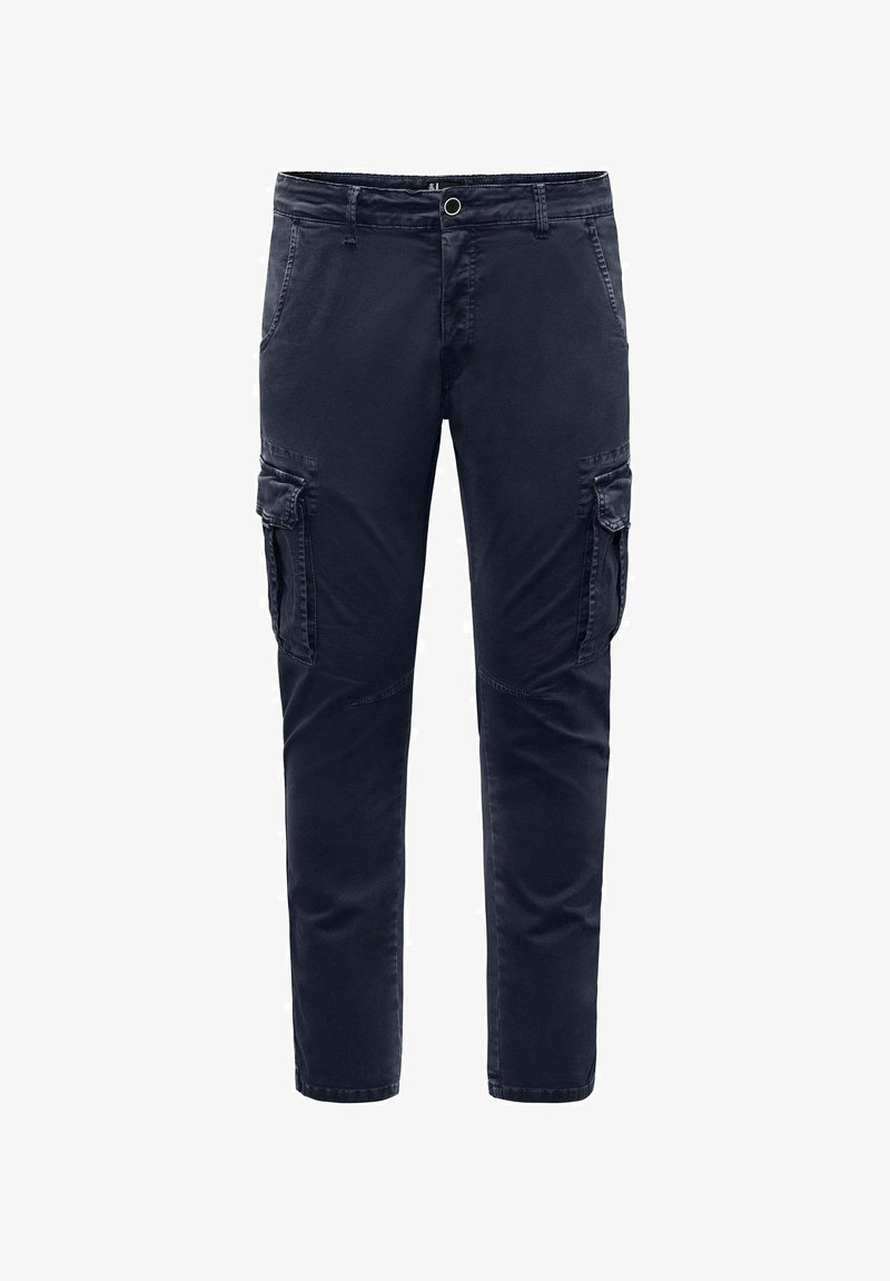 Dunkelblaue Cargo-Hosen aus Baumwollmischung. Mit Seitentaschen, einem Bund mit Schlaufe und schmal zulaufendem Bein. Glatte Textur.
