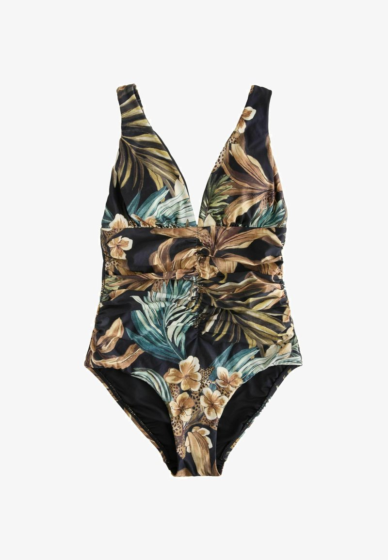 Maillot de bain une pièce avec un décolleté en V profond, un devant froncé et un motif floral tropical aux couleurs verte, marron, beige et noire.