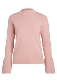 Pull à côtes rose clair avec un col montant, des manches longues avec des poignets évasés et une finition douce et texturée.