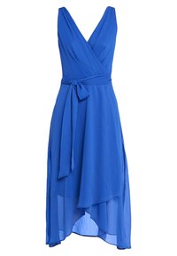 Robe portefeuille bleue en tissu léger et fluide avec un décolleté en V profond, sans manches, et une taille nouée. Ourlet asymétrique.