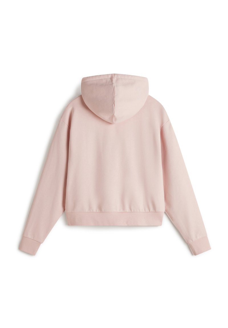 Hoodie cropped rosa con cappuccio regolabile, maniche lunghe e polsini e orlo a coste. Texture morbida, design minimalista, senza loghi visibili.