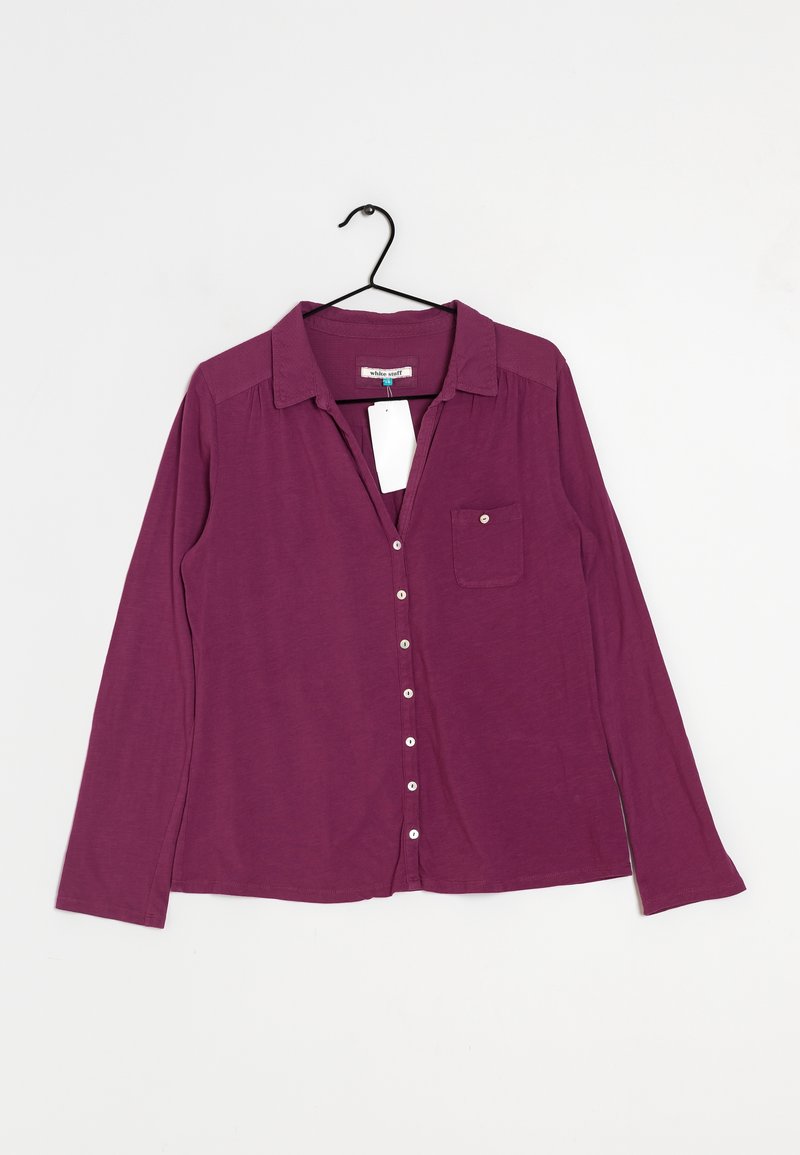 Long-sleeve purple blouse with a button-up front, collar, single chest pocket, and soft texture, displayed on a hanger.