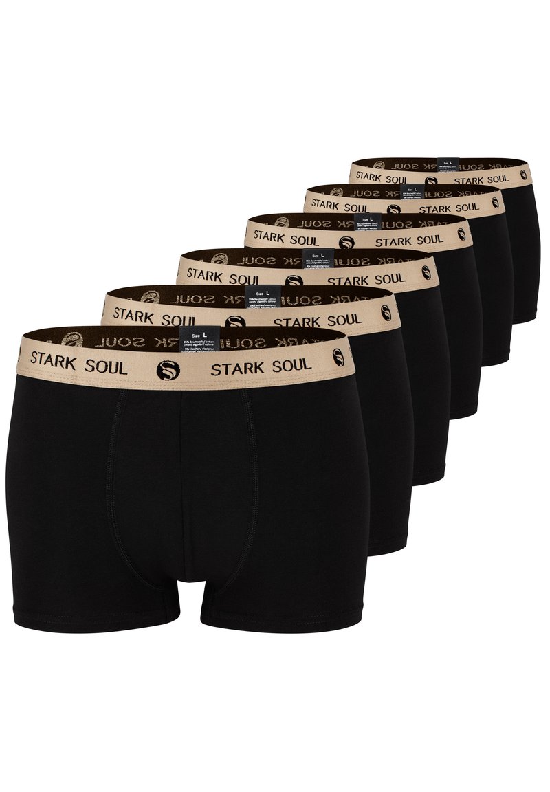 Boxer shorts neri in un pacco da sei, con un elastico color sabbia in vita che presenta il marchio "STARK SOUL" e l'etichetta di taglia. Tessuto dalla texture liscia.