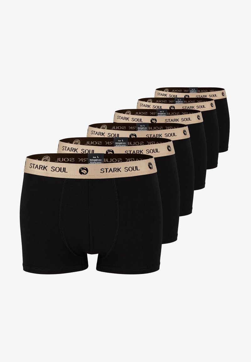 Boxer shorts neri in un pacco da sei, con un elastico color sabbia in vita che presenta il marchio "STARK SOUL" e l'etichetta di taglia. Tessuto dalla texture liscia.