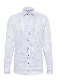 Camicia bianca a maniche lunghe con un motivo circolare blu, chiusura con bottoni e colletto strutturato. Presenta bottoni scuri a contrasto.