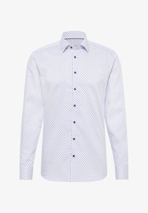 White long-sleeve shirt with a blue circular pattern, button-up front, and a structured collar. Features contrasting dark buttons.