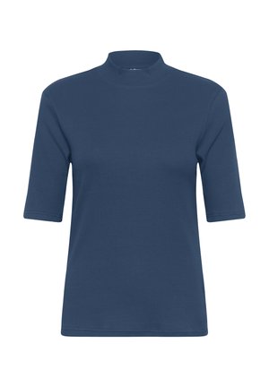 Haut à manches courtes bleu marine avec un col montant. Fabriqué en tissu côtelé, il présente un design ajusté et une finition soignée au niveau des manches et de l'ourlet.