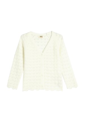 Weißer Strickcardigan mit V-Ausschnitt, langen Ärmeln, Knöpfen an der Vorderseite, gewelltem Saum und einem strukturierten Muster aus kleinen Herzen.