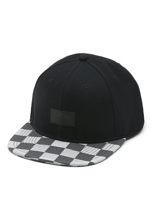 Czarna czapka snapback z czarno-białym, kraciastym, płaskim daszkiem oraz subtelną naszywką z logo Vans na przednim panelu.