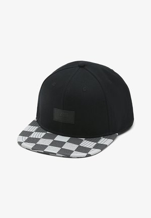 Sort snapback kasket med sort-hvid ternet flad skygge og et diskret Vans-logo patch på frontpanelet.