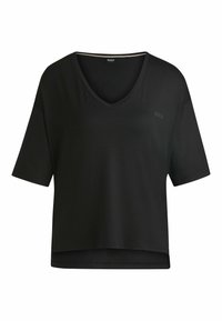 Black short-sleeve top with a V-neckline, made of soft fabric. Features a minimalistic design with a subtle logo on the chest.