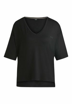Czarny krótki top z rękawami, z dekoltem w kształcie litery V, wykonany z miękkiego materiału. Posiada minimalistyczny design z subtelnym logo na piersi.