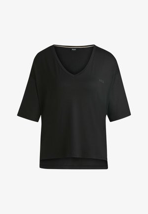 Czarny krótki top z rękawami, z dekoltem w kształcie litery V, wykonany z miękkiego materiału. Posiada minimalistyczny design z subtelnym logo na piersi.