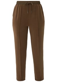 Bruine joggingsbroek van zacht materiaal met een trekkoord in de taille, zijzakken en een aansluitende boord bij de enkels. Glad van structuur met strakke lijnen.