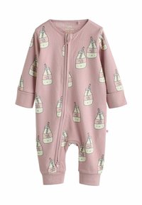 Pink ribbed onesie featuring a pattern of milk bottles with straws, front zipper closure, and cuffed sleeves and legs.