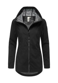 Veste noire avec une doublure de capuche grise, fermeture zip, poches latérales et cordons de serrage réglables à la capuche. Texture lisse, design mi-long.
