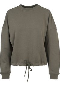 Sudadera recortada en verde oliva hecha de tela suave, con cuello redondo, mangas largas y un cordón ajustable en el dobladillo.