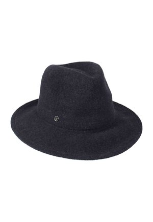 Dark gray felt fedora hat with a wide brim, featuring a metal logo accent. Classic shape with a soft texture.