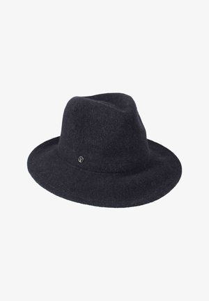 Dark gray felt fedora hat with a wide brim, featuring a metal logo accent. Classic shape with a soft texture.